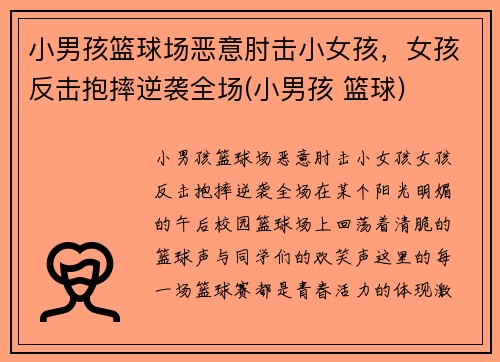 小男孩篮球场恶意肘击小女孩，女孩反击抱摔逆袭全场(小男孩 篮球)