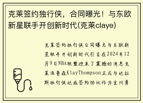 克莱签约独行侠，合同曝光！与东欧新星联手开创新时代(克莱claye)