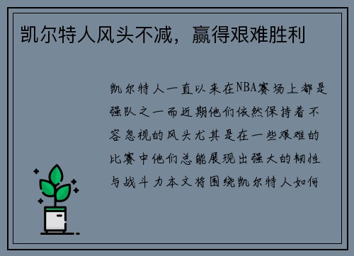 凯尔特人风头不减，赢得艰难胜利