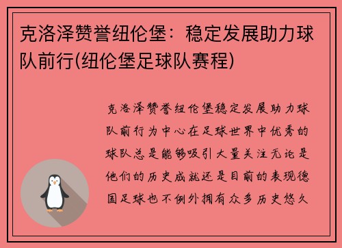 克洛泽赞誉纽伦堡：稳定发展助力球队前行(纽伦堡足球队赛程)