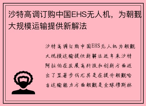 沙特高调订购中国EHS无人机，为朝觐大规模运输提供新解法