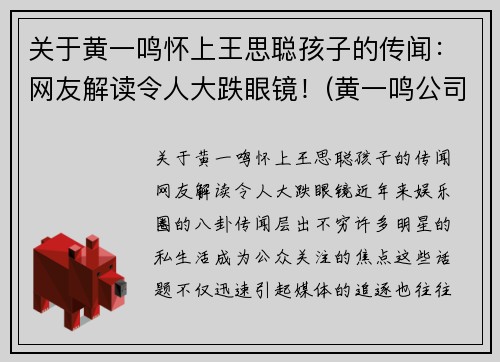 关于黄一鸣怀上王思聪孩子的传闻：网友解读令人大跌眼镜！(黄一鸣公司)